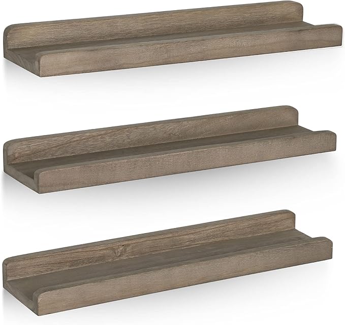 Emfogo Wood Picture Ledge Shelf Rustic Floating Wall Shelves Set of 3 for Storage and Display 16.9 inch Weathered Grey