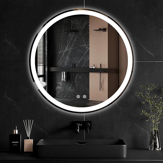 Sweetcrispy 36-Inch Round LED Bathroom Backlit Mirror with Lights, Circle Vanity Mirror with Anti-Fog, Dimmable, 3-Color Light, Memory Function, Tempered Glass