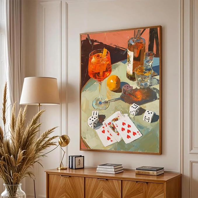 Trendy Wall Art Cocktails Wall Art Decor Retro Dice Poker Canvas Painting Prints Vintage Bar Cart Decor Funky Alcohol Cocktail Print for Kitchen Dorm Party Bar Cart Decoration, 16x24inch Unframed