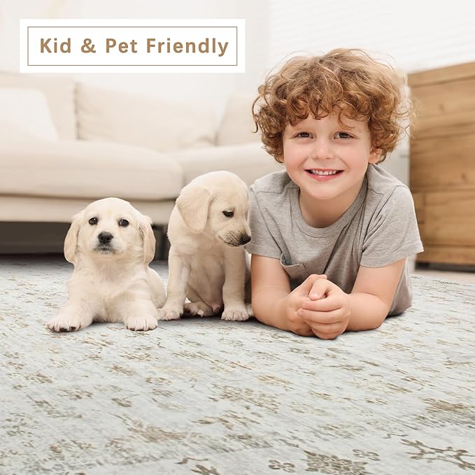 Srugn Washable Rugs 8x10 Area Rugs for Living Room,Rugs for Bedroom,Large Carpets,Ultra Soft Faux Wool Retro Dining Room Rug,Non Slip&Non-Shedding Low Pile Vintage Print Rug for Home Office-Beige