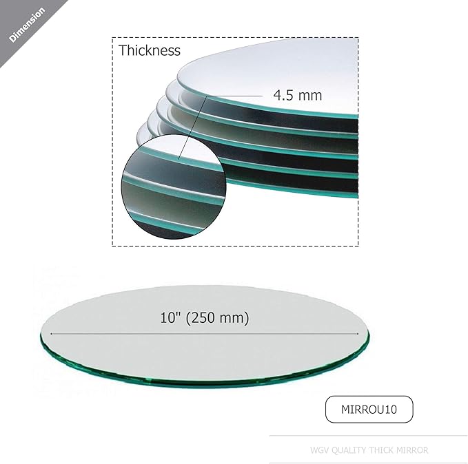 WGVI WGV Large Round Mirror Plate 10" Diameter, 4.5 mm Thickness, Frameless Sanded Edges, Quality Thick Candle Tray, Home Event Party Wedding Table Centerpiece Wall Decor, 1 Piece