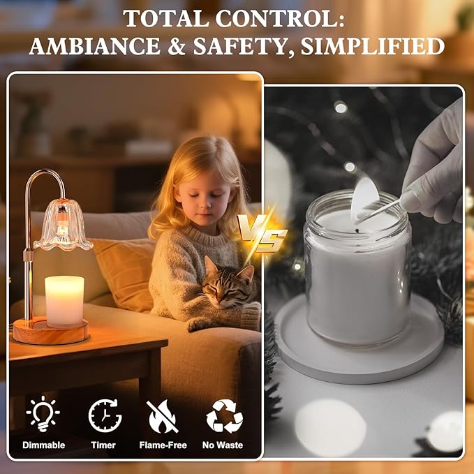 Candle Warmer Lamp Electric: Timer Dimmer Candles Warming Jar Light - Height Adjustable Dimmable Warmers Lamps - Flower No Flame Lamps with Heat Warm Melt Wax - Home Bedroom Decor Table Light