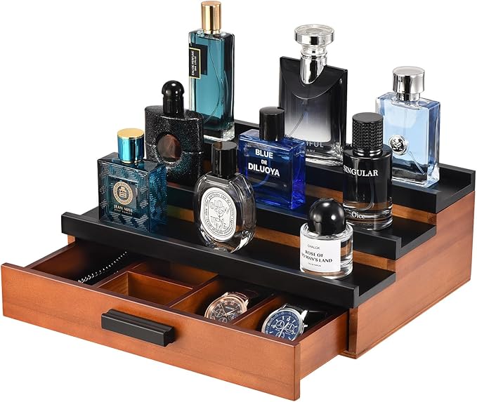 Perfume Organizer for Men, 3 Tier Wood Perfume Display Stand with Velvet Lining Drawer and Hidden Compartment for Watch,Jewelry,Perfume Display Risers,A Gift for Men (Black+Walnut)