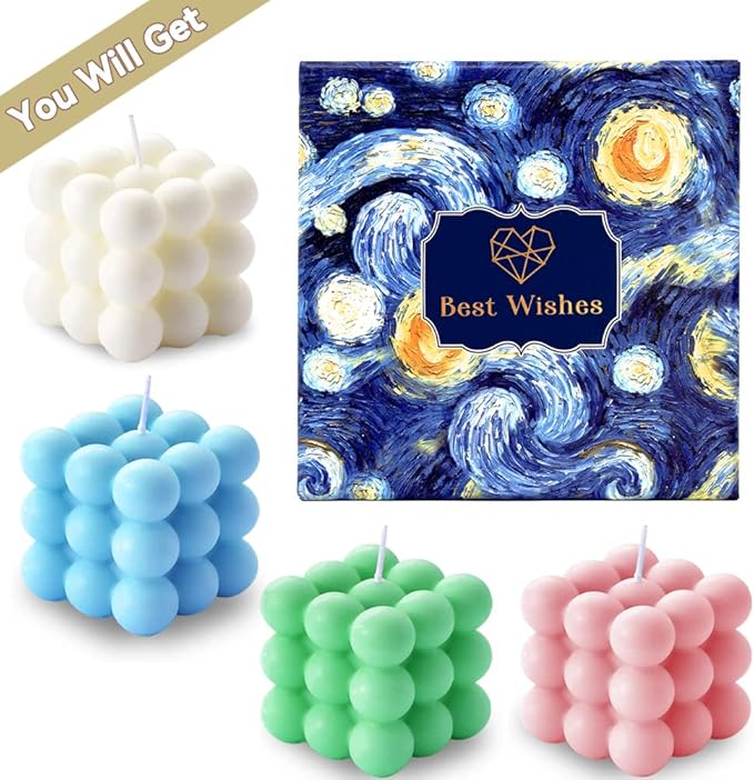 Scented Bubble Cube Candles Gifts Set for Women, Home Decor Scented, 4 Pack 5.4 oz Soy Wax Aromatherapy Candles, Room Aesthetic Bedroom Decoration Gifts, White, Blue, Pink, Green
