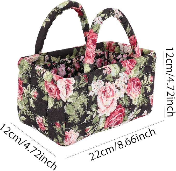 Small Storage Basket Organizer, Mini Quilted Fabric Basket with Handle, Collapsible Storage Bin for Socks, Keys, Diapers