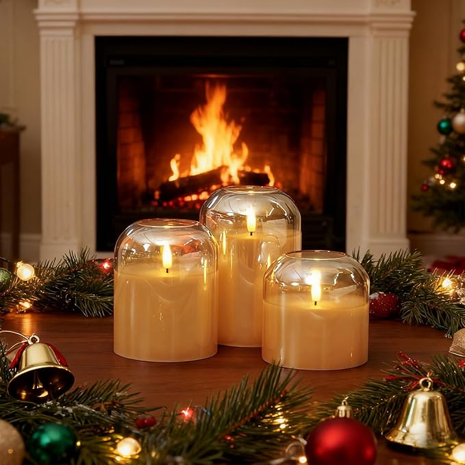 Homemory Glass Flameless Candles, Battery Operated Plliar Candles Realistic Flickering, LED Electric Light with Remote and Timer for Home, Christmas Decoration, Gold, Set of 3