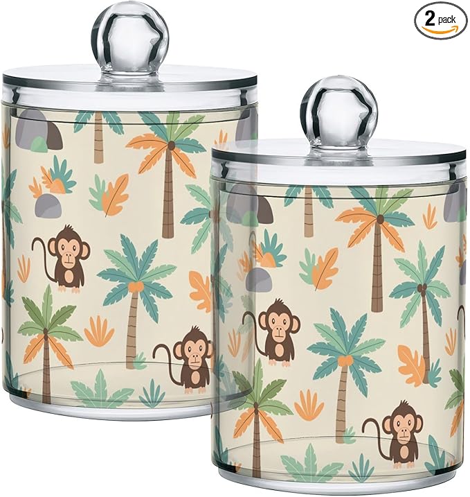 Cartoon Monkey Palm Tree Bathroom Containers Holder with Lids Set Clear Jars 2 Pack Plastic Makeup Storage Organizer 4.13 x 2.75In for Pads Cotton Swabs Hair Clips