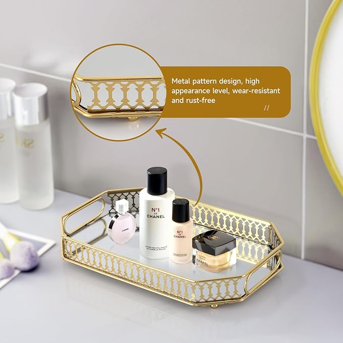 Vintage Gold Mirrored Vanity Mirror Tray Decorative Perfume and Makeup Organizer with Handles for Dresser,Bathroom or Jewelry Display(Small Size)