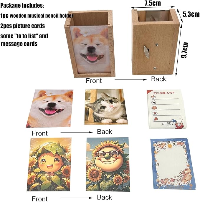 Solid Wood Pen Holder Photo Frame Wind Up Music Box for Desk, Multi Purpose Pencil Cup Makeup Brush Holders Organizers for Work and Study, Home, School, Office Desktop