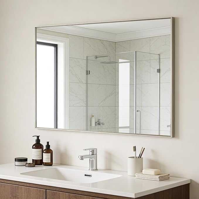 Bathroom Mirror for Wall, 30x40 Inch Metal Framed Mirror, Brushed Nickel Rectangle Mirror, Bathroom Vanity Mirror Farmhouse, Tempered Glass, Anti-Rust, Hangs Horizontally or Vertically