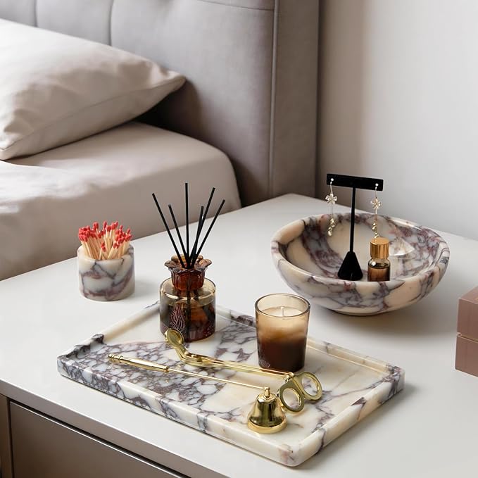 Luxury Natural Rectangle Marble Tray – 11.8 x 7.8-Inch Calacatta Viola Stone Vanity Tray, Large Catchall Organizer for Jewelry Perfume Keys, Decorative Tray for Bathroom Coffee Table & Dresser