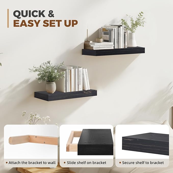 17x6.8x2 Inch Rustic Floating Shelves for Wall Set of 2 - Black Solid Wood Wall Mounted Shelves with Invisible Bracket, Compact Design for Farmhouse Living Room Bedroom Kitchen Decor