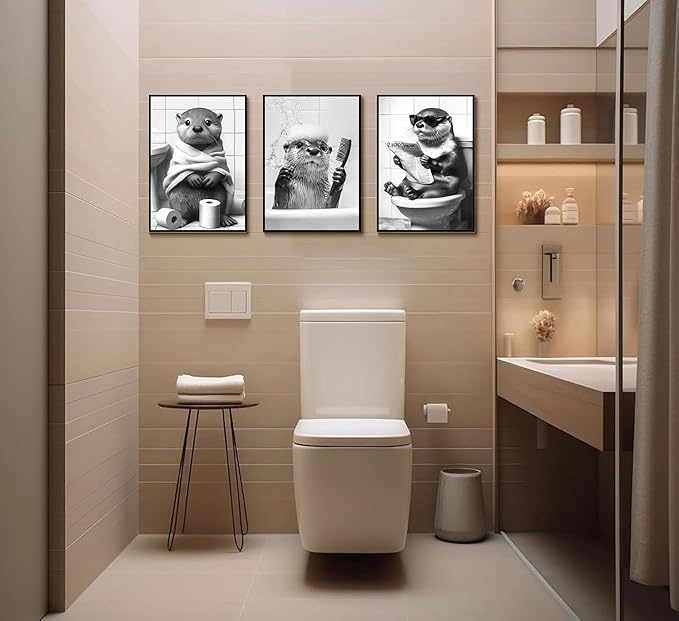 3Pcs Cute Otter Canvas Wall Art Black And White Animal Poster Print Funny otter bathing and reading newspaper Picture Painting Wall Decor for Bathroom Restroom Home Decoration Unframed