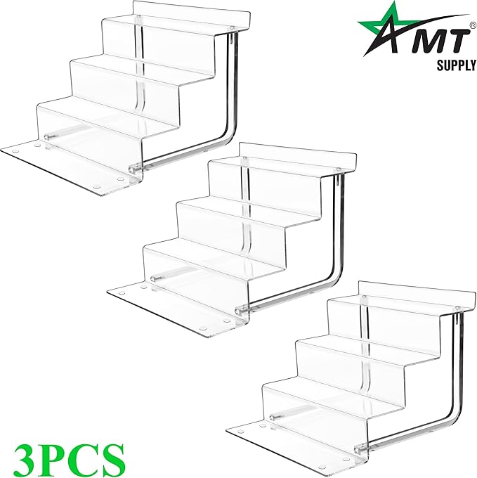 AMT Acrylic Riser Display Stand, 100% Acrylic Clear 4-Tier Organizer for Figures, Cupcake, Perfume, Sunglasses (12 inch x 2.75 inch) 3-pack
