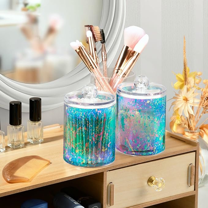 2 Pack Qtip Holder Dispenser for Cotton Ball Rainbow Grid Marble Cotton Swab Round Pads Clear Plastic Acrylic Jar Set Bathroom Canister