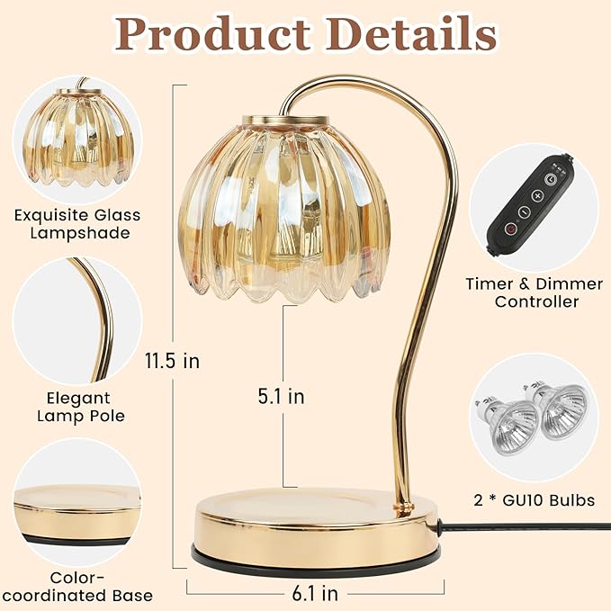 Candle Warmer Lamp with Timer & Dimmer, Aromatherapy Candle Lamp for Scented Candles, Modern Amber Glass Candle Lamp Warmer, Birthday Gift for Women Mom House Warming Gifts New Home Decor