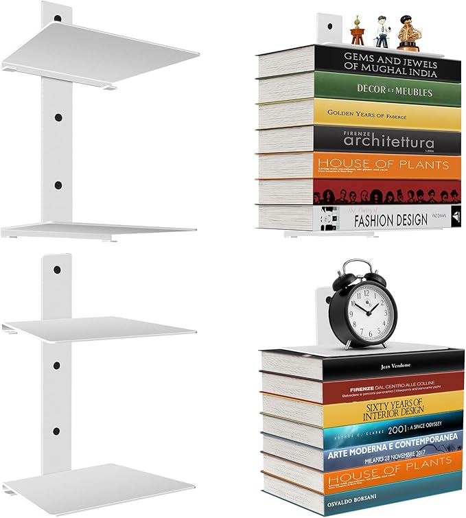 Professional Invisible Floating Book Shelves for Wall, 4 Tier Vertical Spine Book Tower Hanging Bookshelves, Wall Mounted & Space Saving, Heavy Duty Metal Book Organizer for Home Office, 2 Pack White