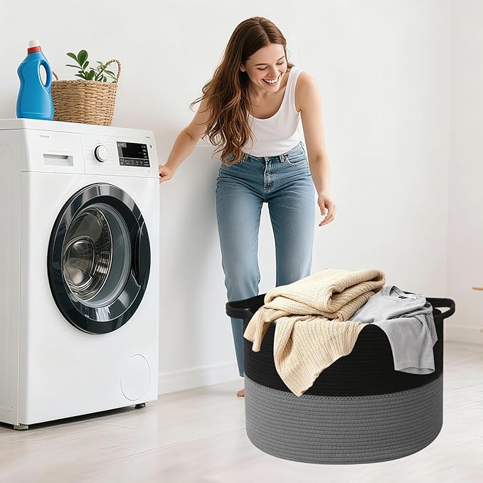 65L Large Blanket Basket,Woven Rope Laundry Basket Hamper with Handles,Decorative Nursery Basket Storage Bin for Toys, Pillows,Clothes Organizer, Living Room,Bedroom,Bathroom,Black&Dark Grey