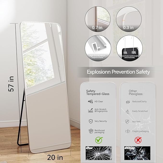 SCWF-GZ 57x20 Door Hanging Full Length Mirror, Floor Stand (Height 5.7ft just Body in1.3ft) Wall Mounted Metal Frame Rectangle Dressing Mirrors for Bedroom Room 57 inch Silver