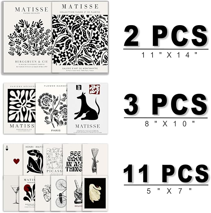 ANERZA 16 PCS Black and White Wall Art Decor, Matisse Abstract Gallery Wall Prints for Bedroom, Minimalist Posters for Living Room Aesthetic, Collage Kit Pictures, Dorm Home Decor