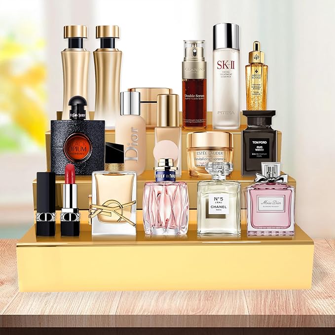 YMVV 12 IN Mirror Gold Acrylic 3 Tier Display Riser Perfume Organizer, Perfume Cologne Organizer Holder, Pops Toy Figures, Clear Cupcake Riser, Dessert Shelf