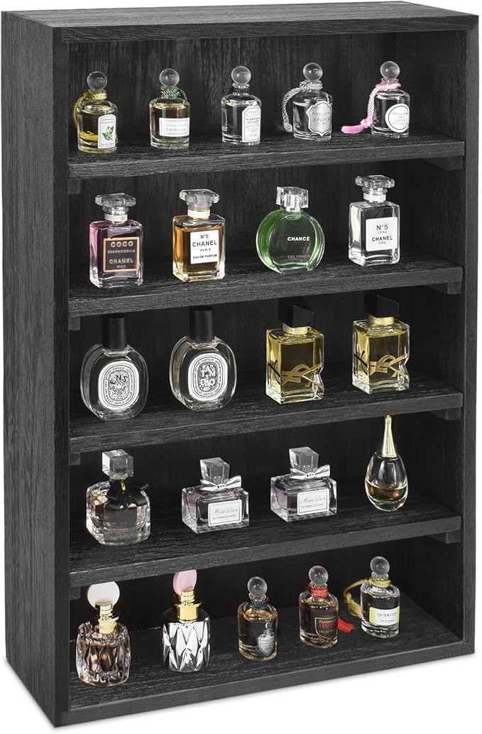 Ikee Design Wooden Wall-Mounted Display Shelves Rack for Collectibles, Figures,Shot Glasses,Spice Can,Cosmetics or Perfume, 5 Adjustable Height Shelves,Space-Saving, Black Color