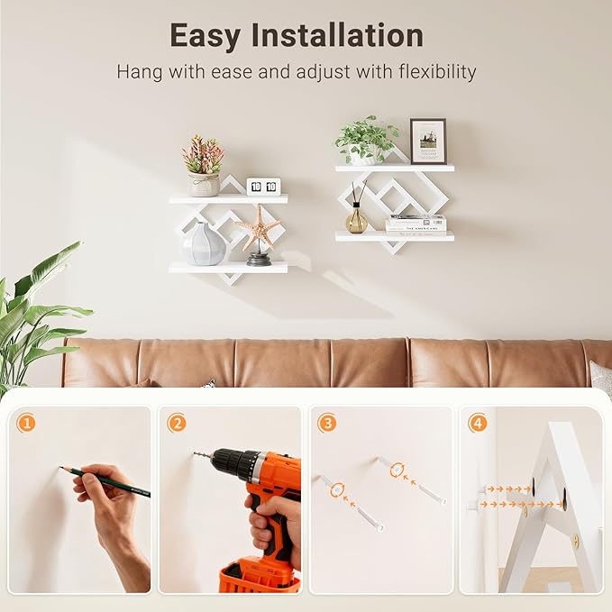ELYKEN Floating Shelves for Wall, Set of 2 Hanging Shelves, 2-Tier Wall Mounted Storage Shelves for Books & Decor, Perfect for Living Room, Bedroom, Kitchen, Home Office, Study, White