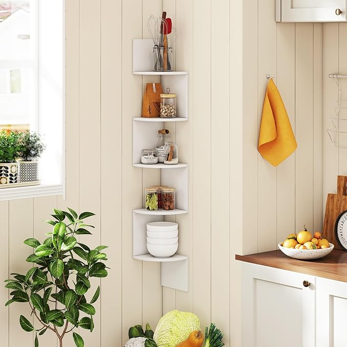 Giantex Corner Shelf Wall Mounted, 5-Tier Floating Corner Bookshelf, Home Storage Organizer, Wooden Display Stand Rack for Wall, Plant Shelf for Living Room, Bedroom, Kitchen (1,White)
