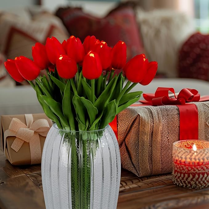 HOMESEASONS Lighted 20pcs LED Lighted Fake Flowers Artificial Tulips Real Touch Tulip Bouquet 15" Faux Tulips for Easter Decor Spring Decor Mother's Day Home Kitchen Wedding Decorations (Red)