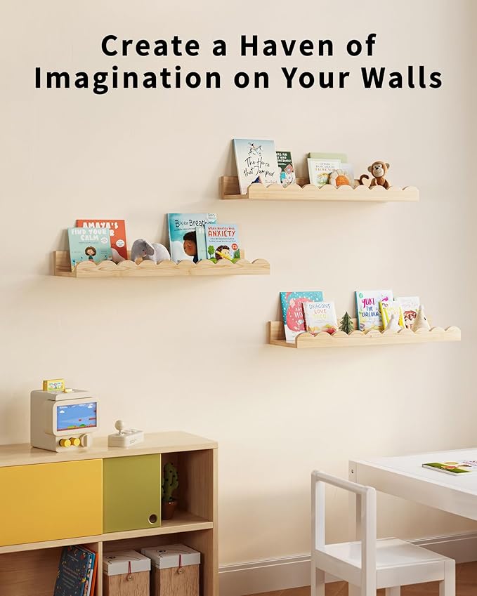 G&W Gruwald Nursery Book Shelves, Set of 3, Nursery Decor for Baby and Toddler, Scalloped Shelves, Book Shelf for Kids Rooms, Wall Book Shelf for Bedroom Kids, Floating Shelf for Wall