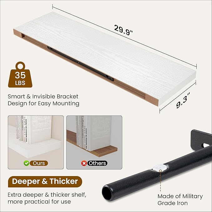 Fun Memories 9.3Inch Deep Floating Shelves for Wall, 30 Inch Rustic Wood Wall Mounted Shelves for Bathroom, Bedroom, Kitchen, Deep Floating Shelf for Storage & Home Decor (White, Set of 2)