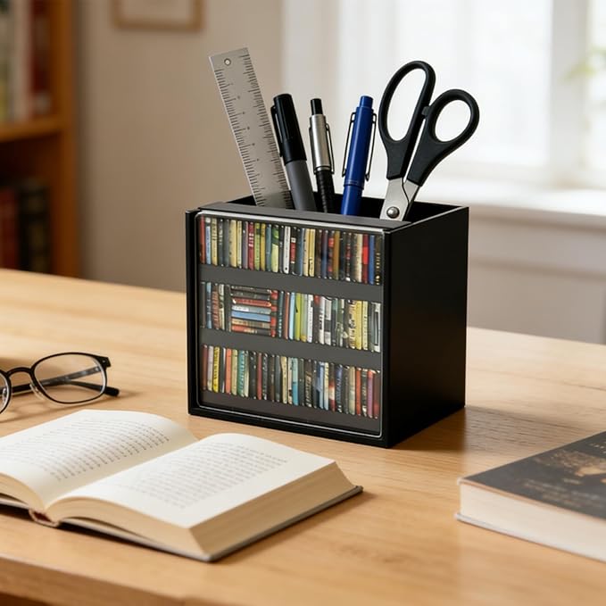 Black Anxiety Bookshelf with 100 Mini Books, Miniature Library Shake Away Your Anxiety, Aesthetic Desktop Bookmark Holder, Pencil Organizer, Bookish Decor, Stress Relief Gift for Avid Readers