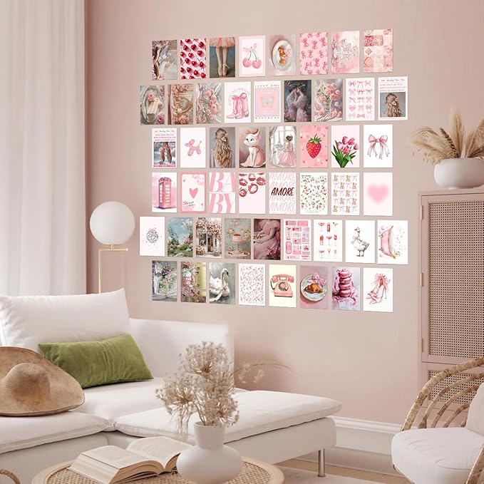 KBKBART 50Pcs Pink Coquette Room Decor Aesthetic Pictures, Pink Posters Coquette Room Decor, 4"x6" Wall Collage Kit for Teen Girls Dorm Bedroom, Cute Pictures Trendy Wall Art Prints
