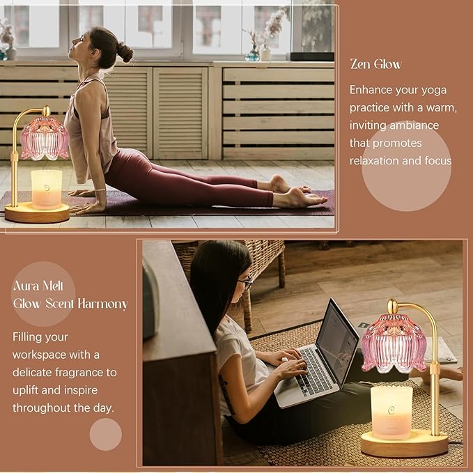 Adjustable Flower Candle Warmer Lamp with Timer, Lotus Tulip Glass Warmer Light for Jar Candles, Electric Wax Warming Melter, Gifts for Women Mom, Vintage Bedroom Decor (Pink)