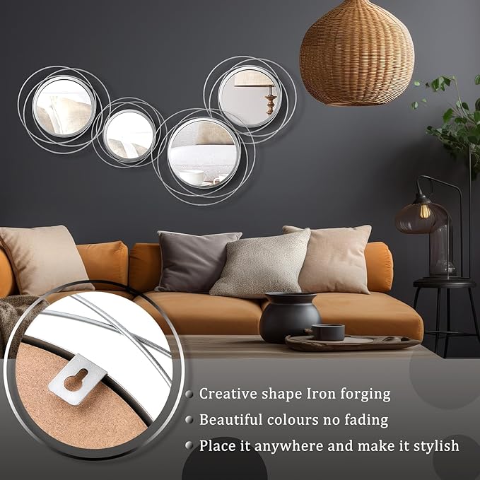 Hicarer 4 Pcs Decorative Wall Mirror Round Modern Mirror Circle Mirror Wall Art Ring Metal Mirror Wall Decor Wall Mounted Mirror for Bedroom Living Room Entryway Dining Room Hallway (Silver)