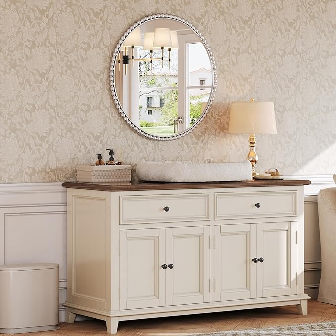 Uniclinens Beaded Round Wall Mirror 31.5" - Large Vintage Mirror Wall Decor with Metal Frame, Ideal for Entryway, Fireplace, Living Room, Hallway, Bathroom, Silver
