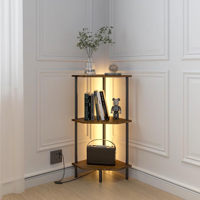 3 Tier Corner Shelf with LED Light,Bookcase for Small Spaces,Display Shelf,Narrow Bookshelf,Plant Stand,Rustic Brown and Black,Suitable for Bedroom,Living Room,Kitchen