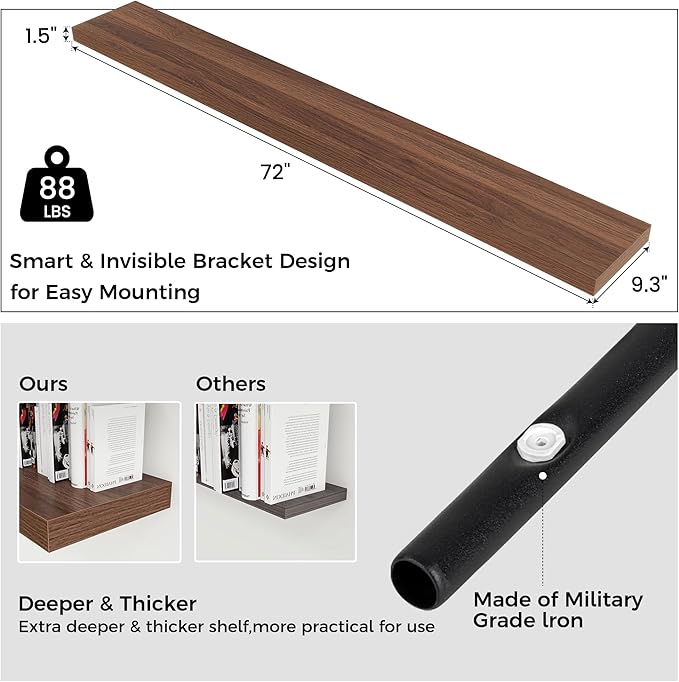 Venusmiles Floating Shelves for Wall, Engineered Wood Wall Shelves with Invisible Brackets for Living Room Bedroom Bathroom Office Kitchen Decor and Storage (Walnut, 72" W x 9" D x 1.5" H) Set of 1