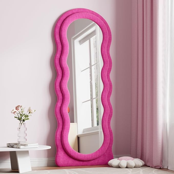 Dewfig Full Length Mirror, 63" x 24" Irregular Wavy Mirror, Large Floor Length Mirrors Wall Mounted, Standing Wavy Mirrors with Flannel Wrapped Wooden Frame for Bedroom/Living Room, Hot Pink