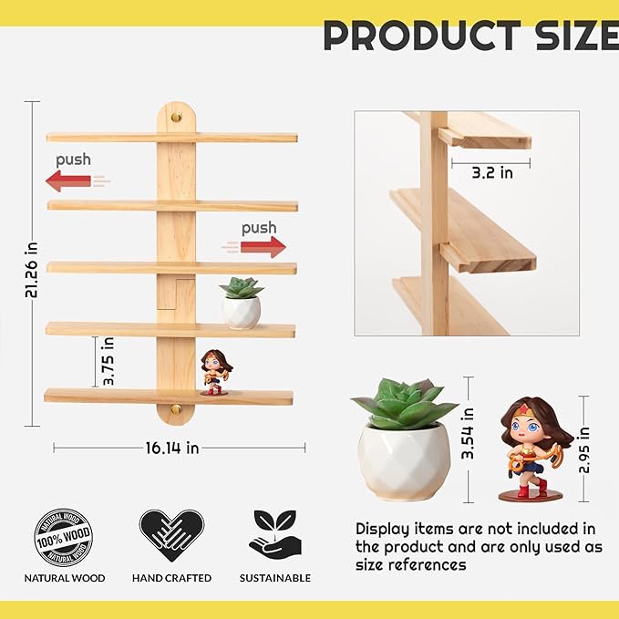 Wooden Floating Shelves for Wall, Small Wood Display Shelves Rack for Collectibles-Figures, Mini Decor, Toy, Toniebox - 16 inches Sliding Trinket Shelf with 2 Types of Installation