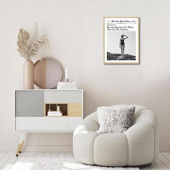 Bwodke OAK Wood Framed Wall Art Woman Searches For Where Men Get The Audacity Canvas Art Vintage Newspaper Pictures Wall Decor Trendy Retro Magazine Prints for Girly Dorm Bedroom 12"x16"