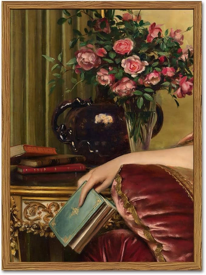 Framed Vintage Wall Art, Moody Victorian Wall Decor Paintings, Mid Century Modern Antique Book Woman Still Life Canvas Prints Pictures Home Decor Aesthetic for Living Room Bedroom Bathroom 12x16 inch