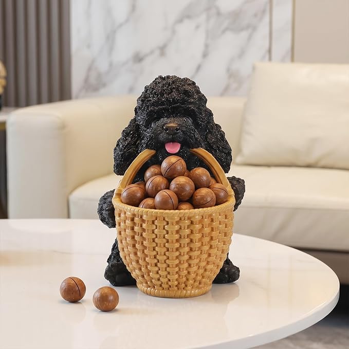 Dog Resin Storage Basket, Desktop Organizer for Remote & Keys, Cute Home Decor Tray, Ideal present for Pet Lovers.(Black Poodle Biting Basket)