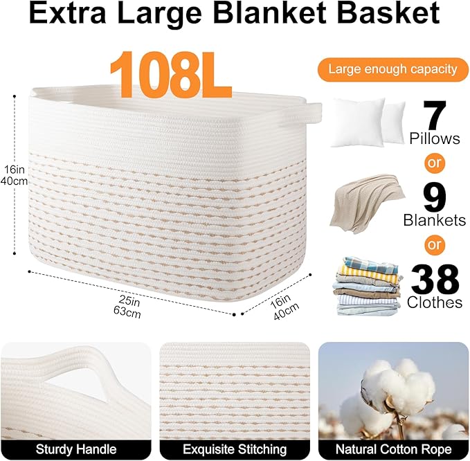 OIAHOMY 108L Extra Large Blanket Basket, 25”x16”x16” Rectangle Woven Cotton Rope Baskets for for Living Room, Toy Storage with Handle- Light Yellow & White