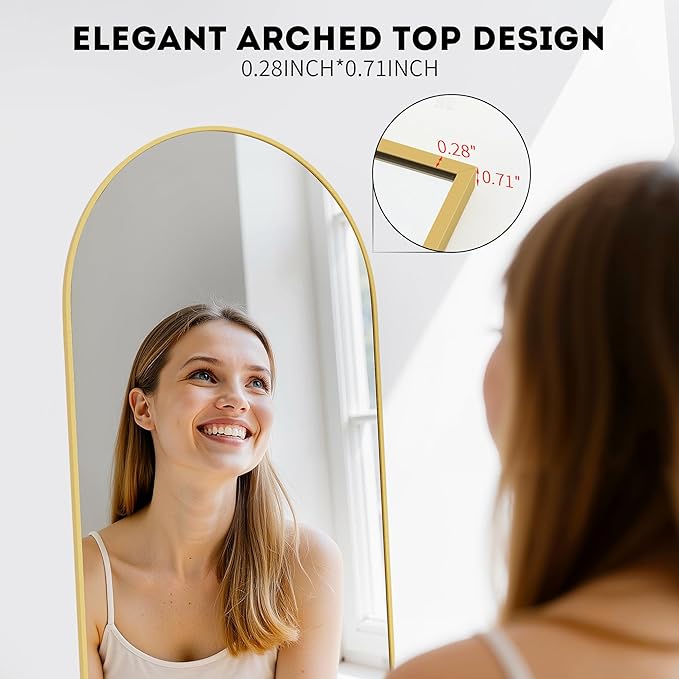 Simple Deluxe Arched Full Length Mirror, 64"×21" Large Floor Mirrors, for Wall Door Bedroom Bathroom Living Room (Gold)