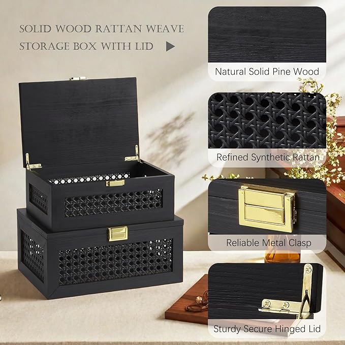 2PCS Decorative Rattan Storage Boxes Solid Wood Baskets Bins with Lid Keepsake Memory Jewelry Box Natural Boho Shelf Wicker Closet Desk Organizer Container (Black, 1 Large 1 Small)