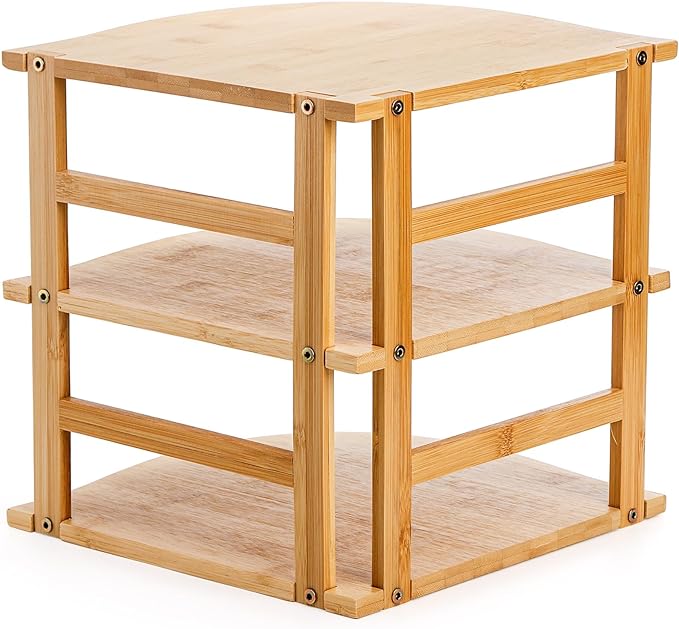 Goaste 3-Tier Bamboo Corner Shelf, Kitchen Countertop Storage Organizer, Cabinet Plate Rack for Pantry Organization, Bathroom, Desktop, 9.5 x 9.5 x 9.5 Inch