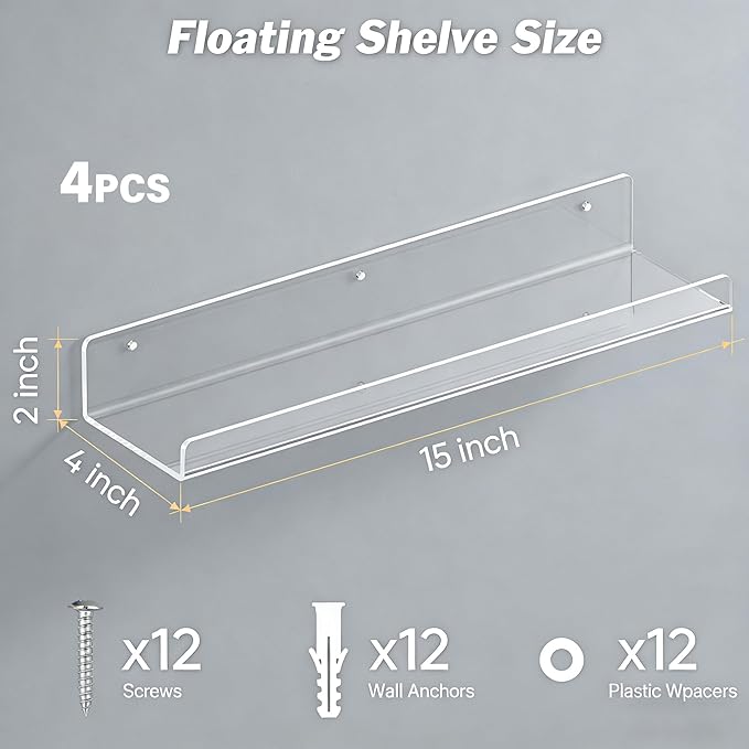 Clear Acrylic Shelves for Bathroom, 15'' Floating Shelves Wall Organizer for Perfume, Skincare, Bookshelf Organizer for Bedroom, Kids Room, Living Room, Room Decor