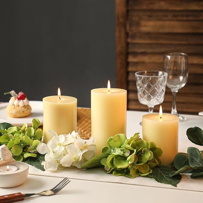 Ivory Pillar Candles Set of 3 - Hand-Poured Unscented Candles, 4", 5", 6" Smokeless Decorative Candles for Home, Set of 3 in Different Sizes