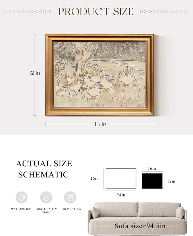 InSimSea Gold Framed Canvas Prints Textured Wall Art, 3D Embossed Vintage Decor, Farmhouse Nursery Duck Paintings, Rustic Cute Duck Wall Decor for Bedroom Living Room Shelf, 12x16inch